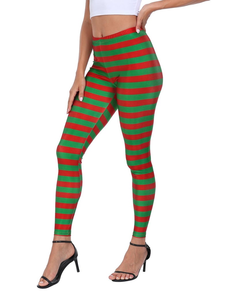 HDE Trendy Design Workout Leggings - Fun Fashion Graphic Printed Cute Patterns Red & Green Holiday Stripes - XXL - Image 4